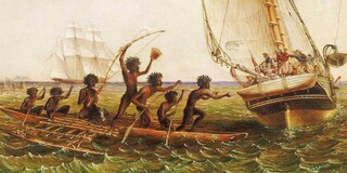 Thomas Baines, Aboriginal Canoes Communicating with the 'Monarch' and the 'Tom Tough', 1868