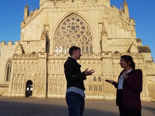 Hellen Vergoossen (right) and Thekla Morgenroth in front of the Cathedral in Exeter